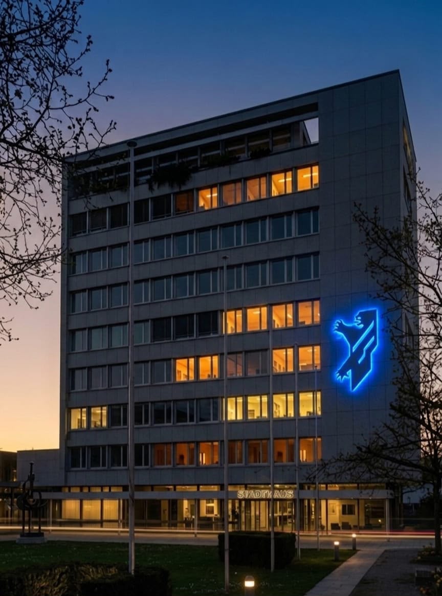 Stadthaus in der Abenddämmerung mit blauem PHH Leuchtzeichen – betreut von PHH Hofer Hauswartungen